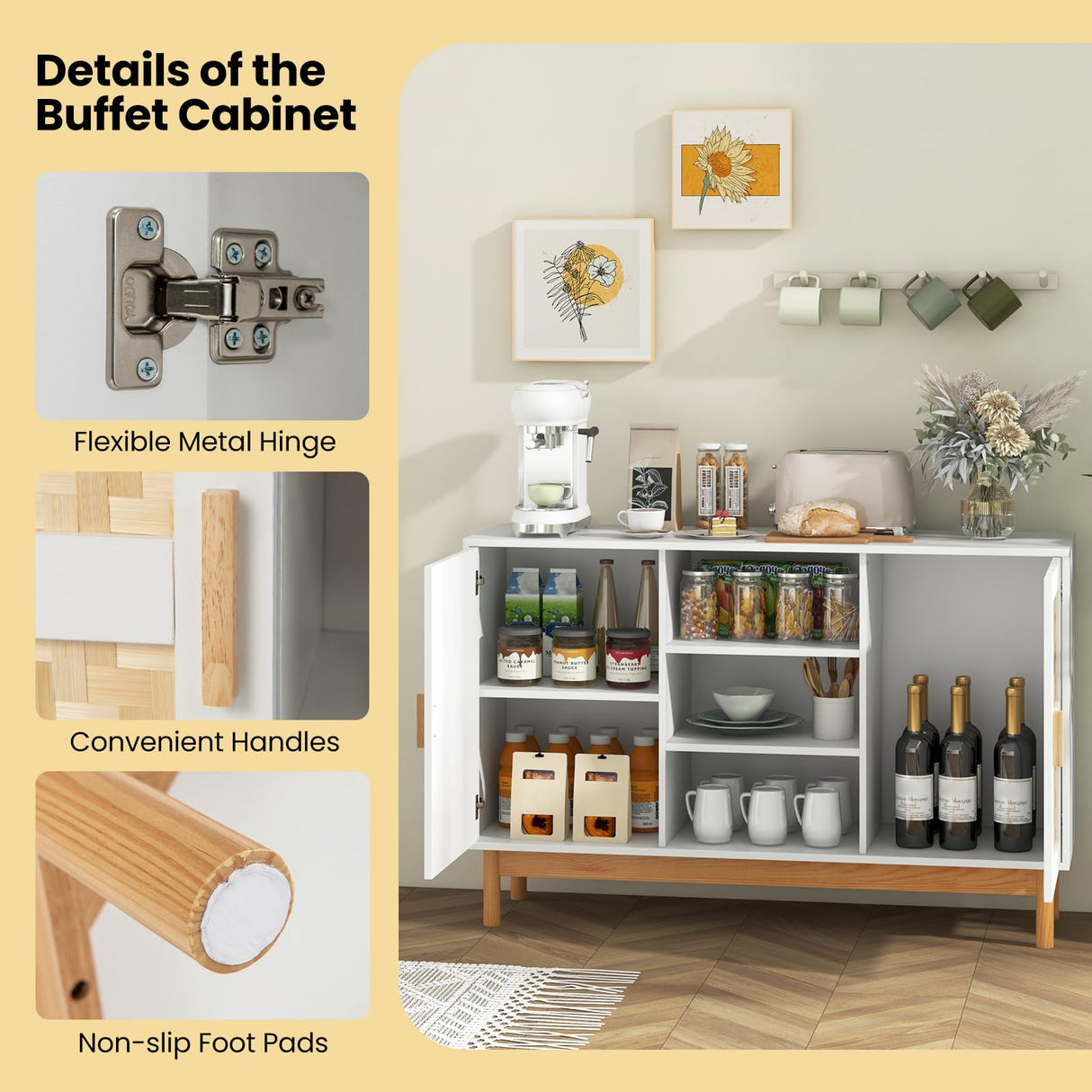 Giantex Buffet Sideboard, Kitchen Storage Cabinet with 3 Open Shelves & 2 Side Cabinets, 48” Wood Cupboard w/ 2 Bamboo Woven Doors, Console Table for Living Room Entryway Coffee Bar, Natural Giantex