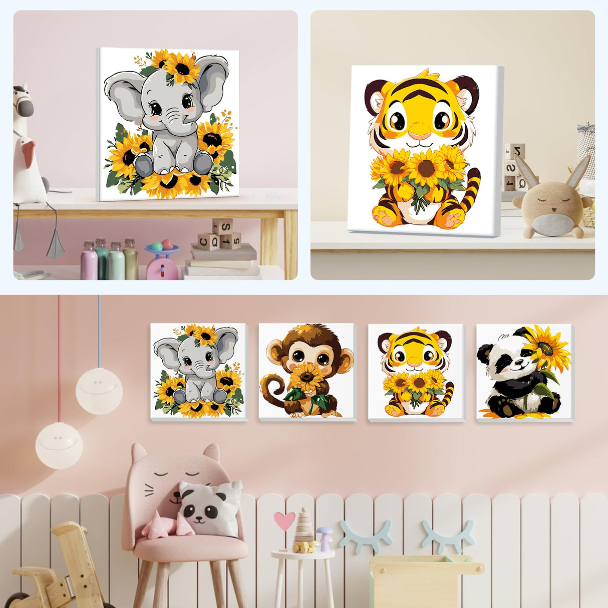 4 Pack Paint by Number for Kids with Wooden Frame, Cartoon Paint by Numbers for Kids Ages 8-12, Elephant, Monkey, Tiger, Panda, DIY Acrylic Oil Painting for Beginners for Home Wall Decor 8X8 inch NEWENMO