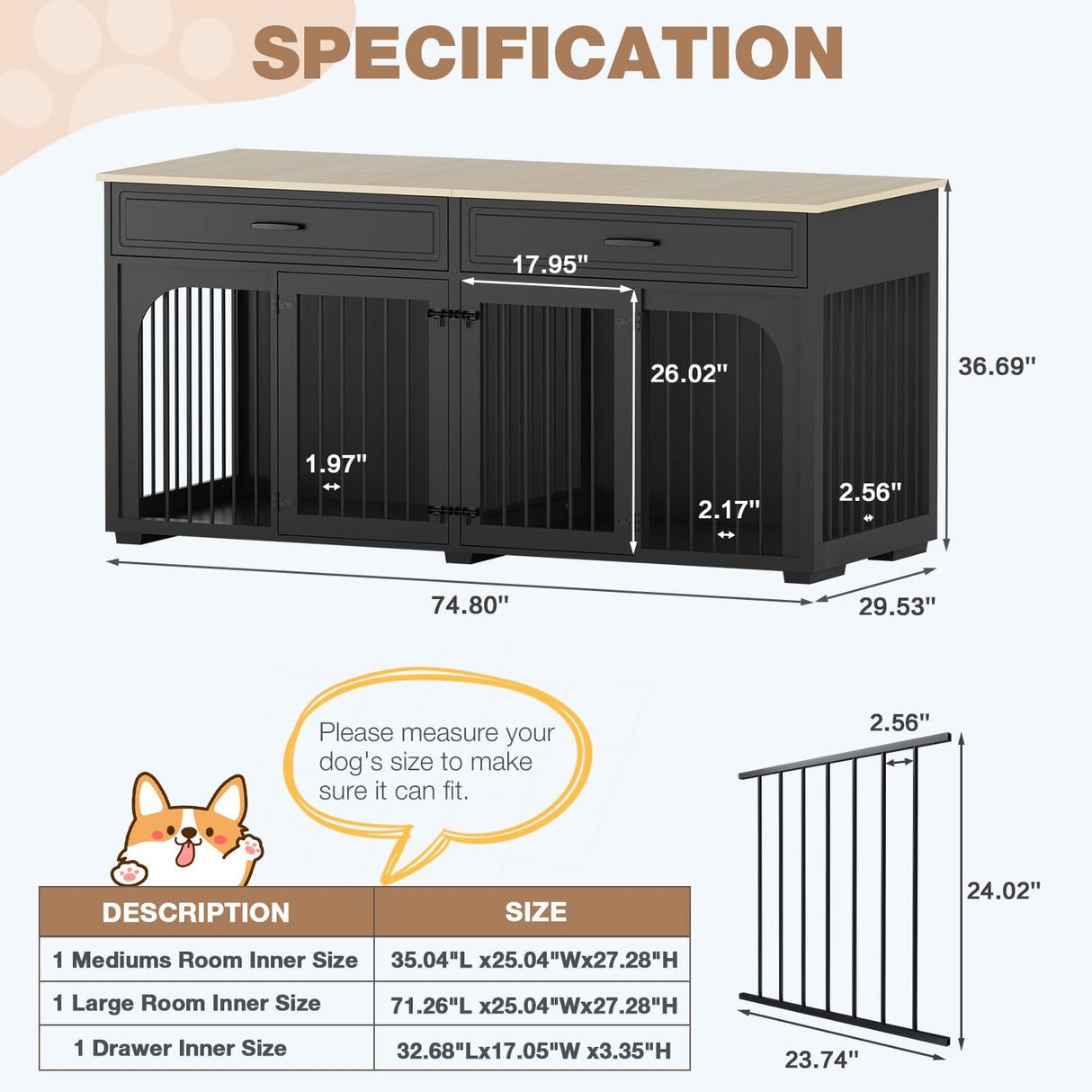 EBE 74.8'' Dog Crate Furniture, Wooden Dog Crate with 2 Drawers and Removable Divider, Heavy Duty Dog Kennel Indoor TV Stand for Small Large Medium Dogs, Black EBE