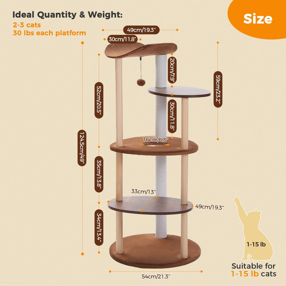 PETEPELA Wood Cat Tree Tower for Indoor Cats,5-Level Modern Cat Tree Cat Activity Center with Scratching Posts, Brown PETEPELA