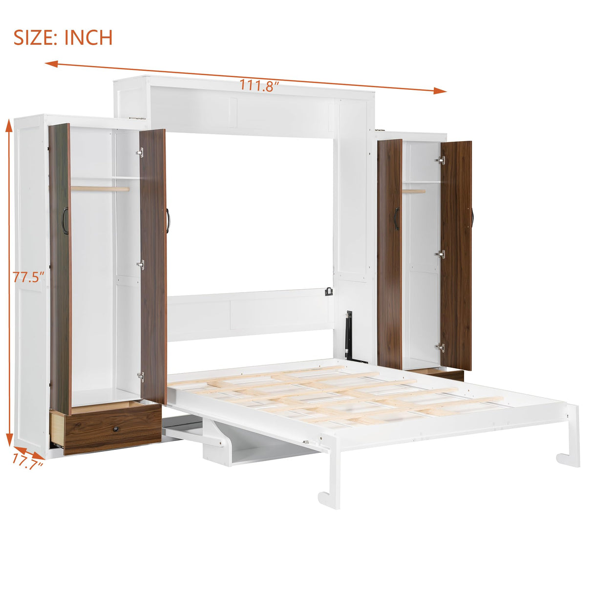 Flieks Full Size Murphy Bed, Wooden Full Wall Bed with Closet, Drawers and Desk, White Flieks