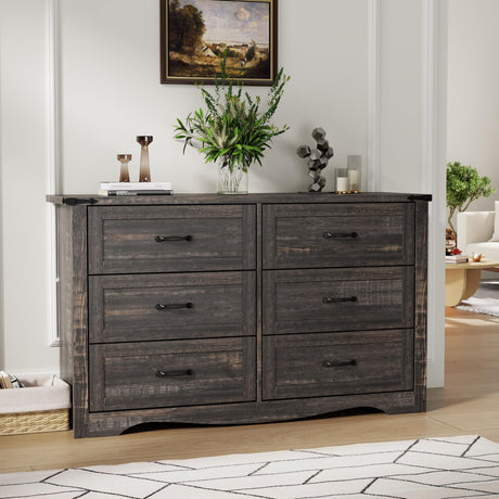 Farmhouse 6 Drawer Dresser for Bedroom, Wood Dresser Chest of Drawers, Wide Dressers Organizer with Metal Handles, Natural Texture Storage Cabinet for Closet, Living Room, Hallway (Dark Rustic Oak) Gyfimoie