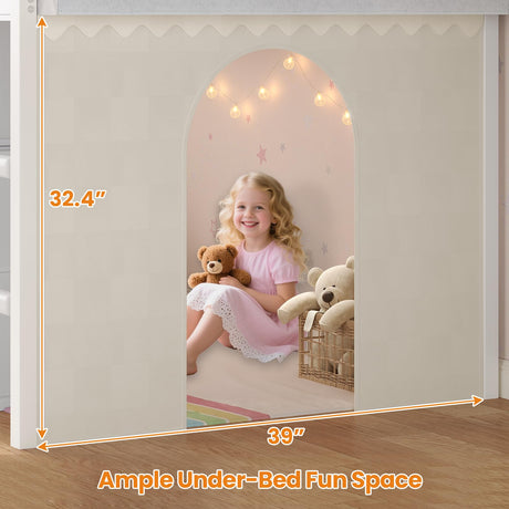 BTHFST Twin Size Loft Bed for Kids, 8 Storage Drawers & LED Lights, House Shaped Metal Bed with Bookcase, Soft Foam Ladder, 13.4" Safety Guardrail, Space Saving, Fun Curtain BTHFST