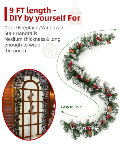 STRPRETTY BASIC 9 FT Christmas Garland, Artificial Xmas Garland Indoor Outdoor Non-Lit Pine Garland with Pine Cones Red Berries for Christmas Holiday Mantle Wreath Wedding Party