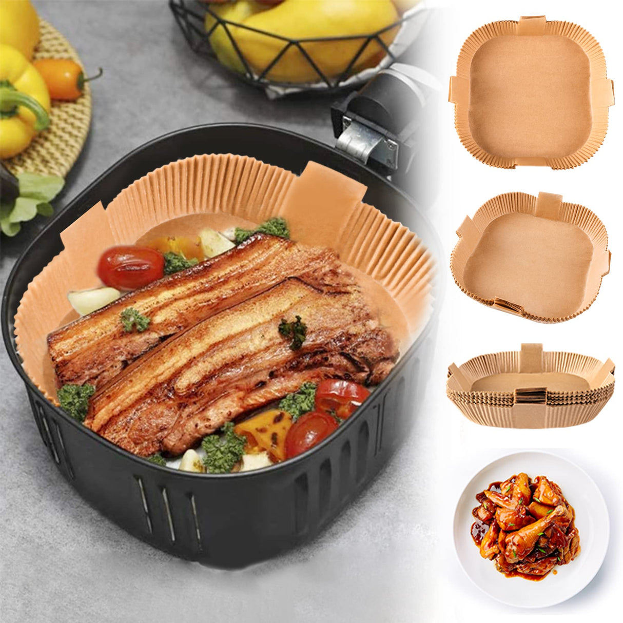Air Fryer Disposable Paper Liner, Square Parchment Insert Non-Stick, Baking Food Grade Sheet for Aifryer Basket, Oven, Pan, Oil-proof, Water-proof, Papel Para Freidora De Aire(50PCS 7.9 Inch Natural) Gropecan