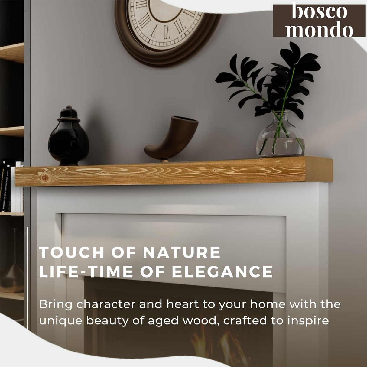 BoscoMondo Solid Wood Fireplace Mantel Shelf, Floating Mantle for Living Room, Farmhouse Rustic Wood Mantel, Easy Wall Mount with Heavy-Duty Metal Bracket (54", Oak) BoscoMondo