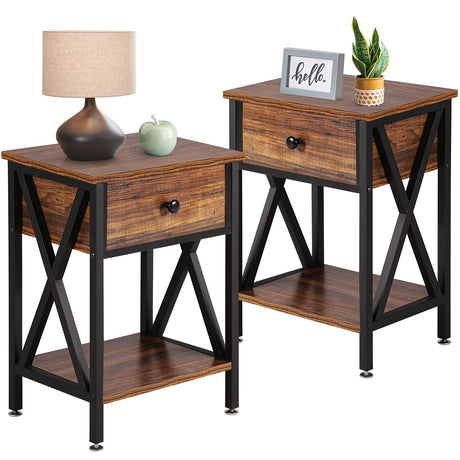 VECELO Nightstands Set of 2, Modern Bedside End Tables, Night Stands with Drawer and Storage Shelf for Living Room Bedroom, Industrial Metal Frame VECELO