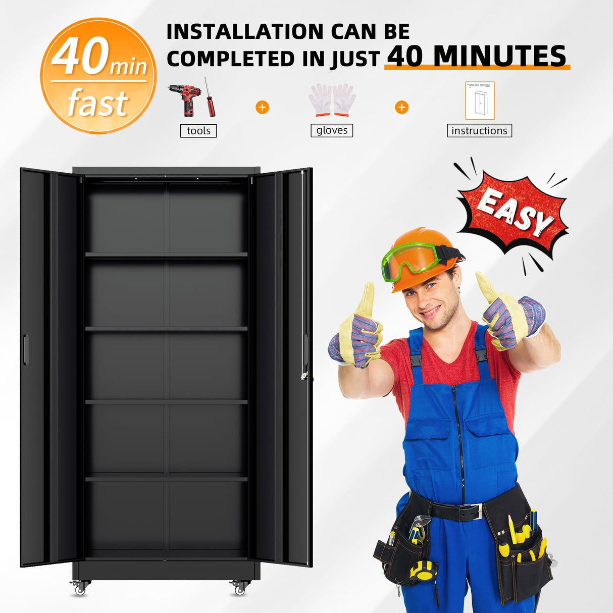 Bonusall 73" H Metal Storage Lockers with Wheels,Rolling Garage Cabinet with Locking Doors and 4 Adjustable Shelves,Metal Locker Organizer Cabinet for Garage,Office,Kitchen,Basement(Black) Bonusall