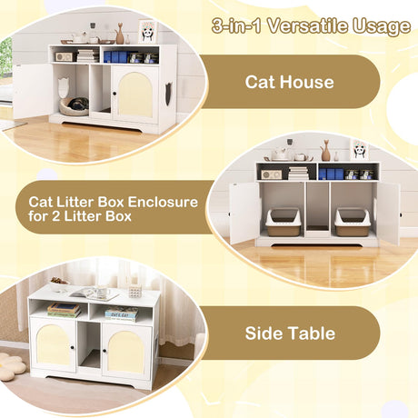 Tangkula Double Litter Box Enclosure, 43 Inch Hidden Litter Box Furniture with Shelves, Removable Scratching Board, 2 Sisal Mats, Large Enclosed Cat Box Enclosure for 2 Cats (White) Tangkula