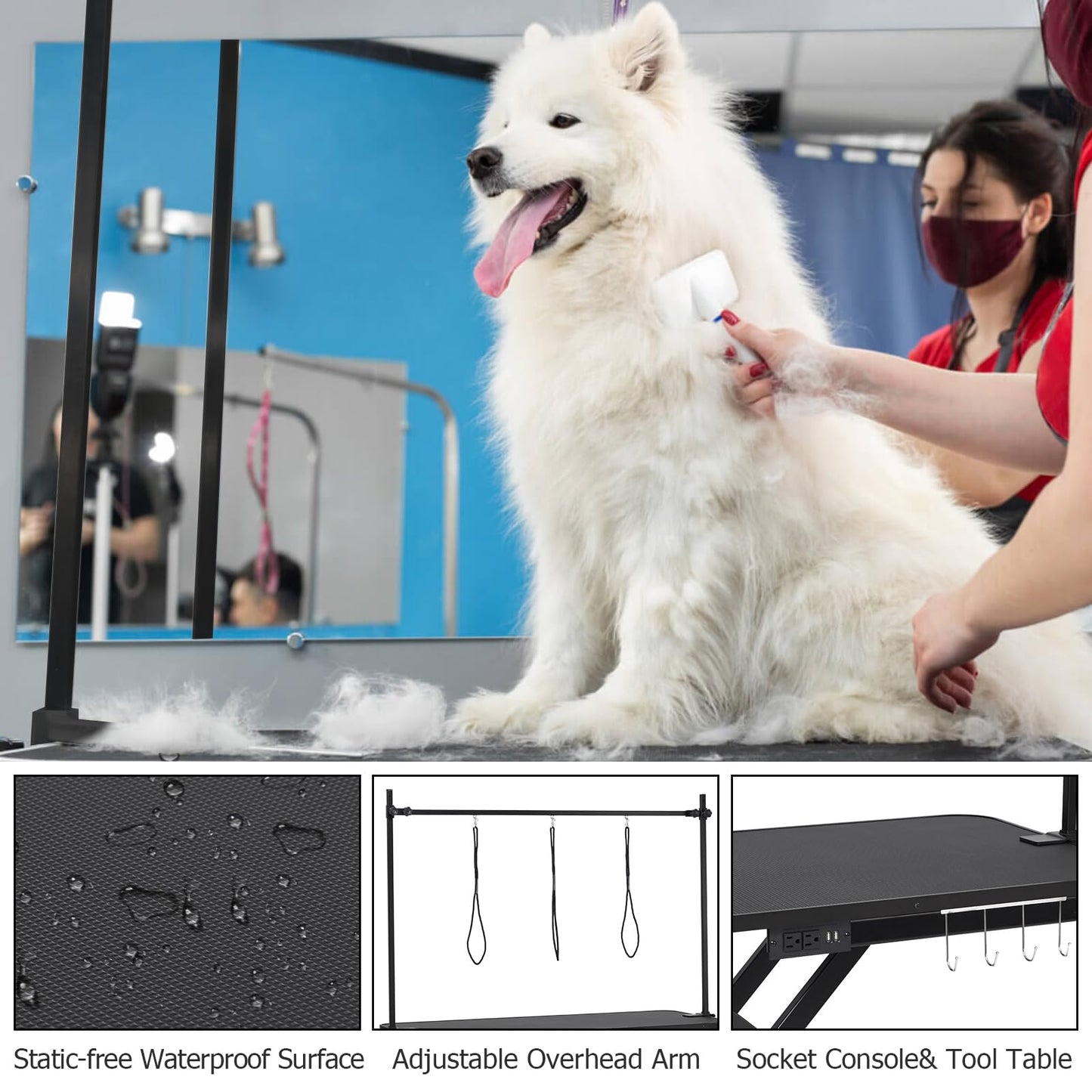 47“ Electric Lift Dog Grooming Table (Black), Heavy Duty Electric Grooming Arm Table for Pets & Large Dogs Adjustable Height: 9.4"-39.4" Non-slip Desktop with Gantry Crane Set, Fixture *4 Noose*2