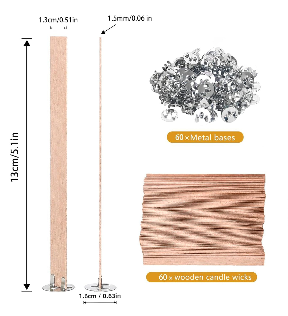 BENIMUS 120 Pcs Thickened Wood Candle Wicks, 5.1 X 0.5 X 0.06 Inches Naturally Smokeless Wood Wicks for Candle Making. (60 Candle Sets) BENIMUS