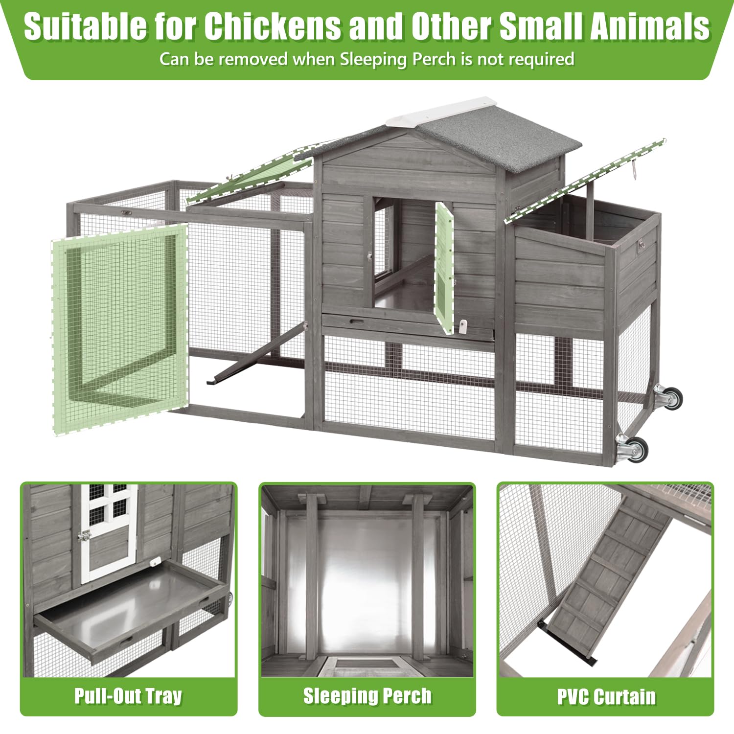 Ketive Wooden Chicken Coop Cage Outdoor Indoor Hen House with Nesting Box, Waterproof Roof, Removable Tray for Poultry Pets Enclosure Garden Backyard (Grey) - WoodArtSupply