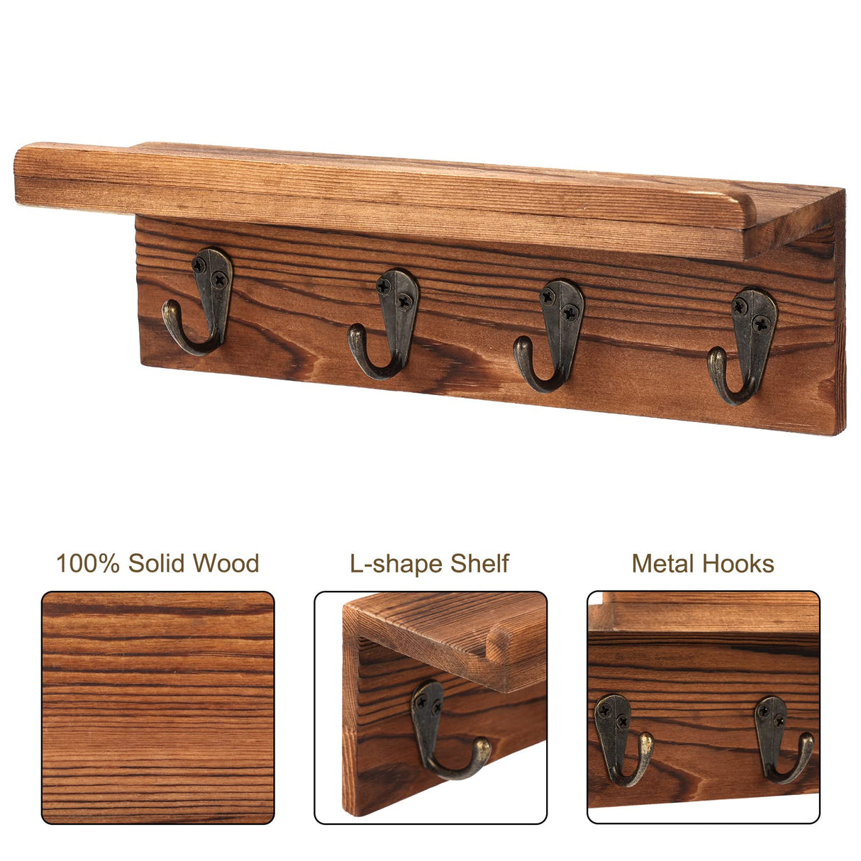 HRONRAD Rustic Key Holder for Wall, Farmhouse Wall Shelf with 4 Hooks, Wall Mounted Key Racks, Wooden Mail Organizer with Hooks for Entryway (Brown - Pine) HRONRAD