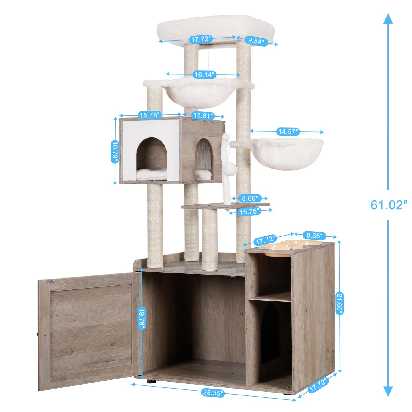 Hey-brother Cat Tree with Litter Box Enclosure, Modern Cat Tower for Indoor Cats with Large Platform, Condo Food Station and 2 Hammocks, All-in-one Cat Furniture, Wood Rustic Gray MPJ115SG - WoodArtSupply