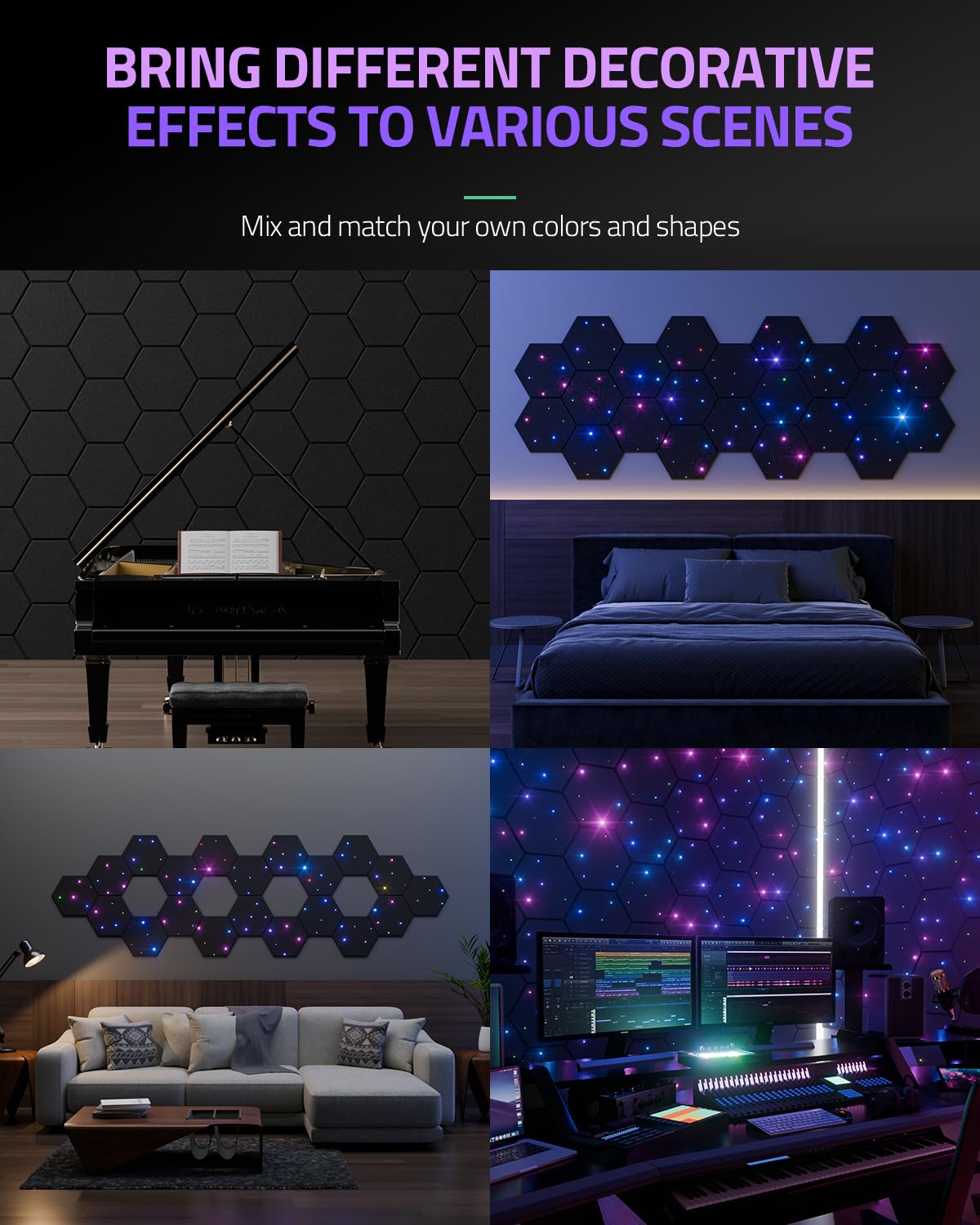 ZenSonic 12 Pack Self-adhesive Sound Proof Foam Panels for Walls 12" X 10" X 0.4" - Hexagon Acoustic Panels with Fiber Optic Starlight, Stylish Soundproof Wall Panels Absorb Noise and Wall Decor Black ZenSonic