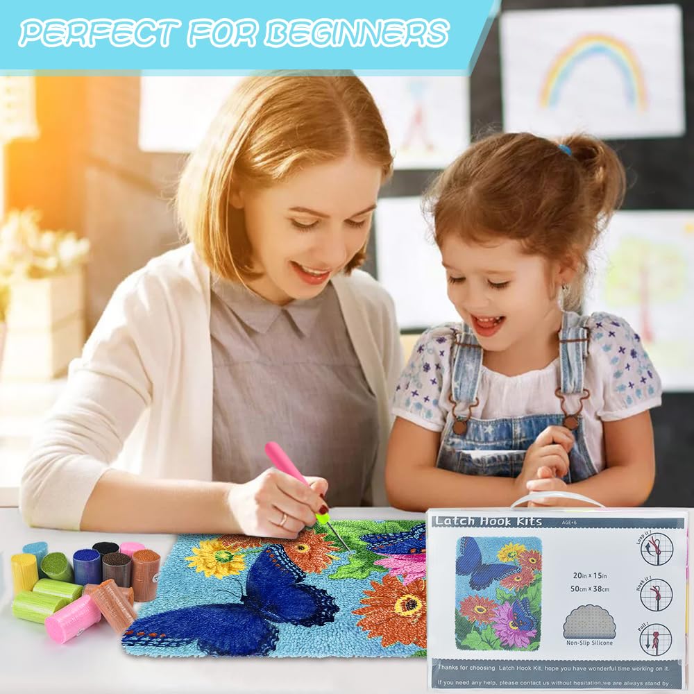 Yjunue Butterfly Floral Latch Hook Kits for Adults, DIY Crochet Yarn Rugs Hooking Craft Kit with Color Preprinted Pattern Design for Kids Adults and Beginners(Butterfly, 20 x 15in) Yjunue