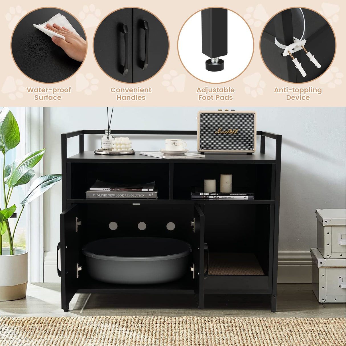 Giantex Cat Litter Box Enclosure - Cat Washroom Hidden Furniture with Front Entry, Cat Scratcher, 2-Door Storage Cabinet, 2 Compartments, Air Vents, Metal Frame, Wooden Pet Crate House (Black) Giantex