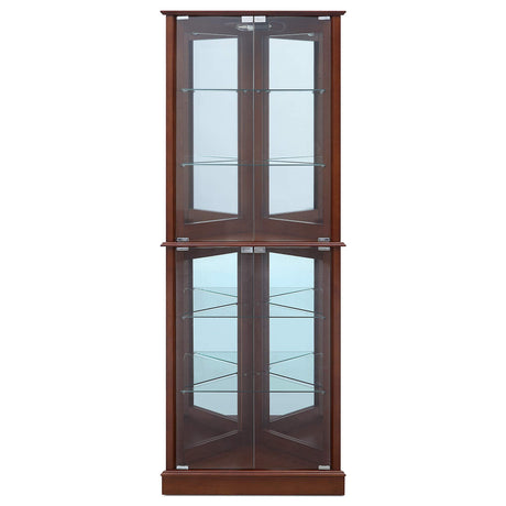BELLEZE Lighted Corner Display Curio Cabinet Wooden Shelving Unit with Tempered Glass Door, Bar and Liquor Storage Area with 6 Shelves - Woody (Walnut) BELLEZE