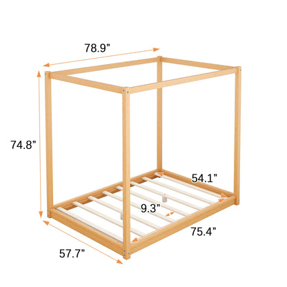 Merax Full Size Wood Canopy Bed Frame with 2 Sturdy Posters, Classic Design Canopy Floor Bed/No Box Spring Needed Nutural