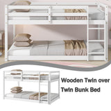 Anwick Low Bunk Bed Twin Over Twin, Floor Bunk Bed with Stairs, Twin Bunk Bed with High Rails Guardrail, Wooden Bunk Beds for Kids Girls Boys, No Box Spring Needed (White) Anwick