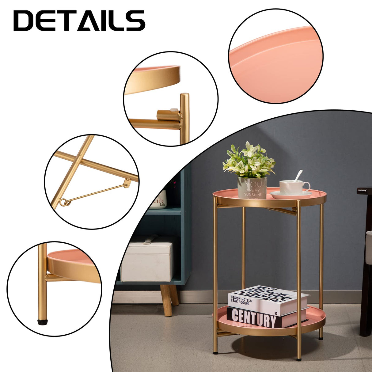HollyHOME 2-Tier Round Gold Side Table, Outdoor Small Folding Accent Stand with Removable Tray, Anti-Rust Metal Asional Table for Balcony Patio Living Room, Nightstand for Bedroom(Gold&Pink) HollyHOME