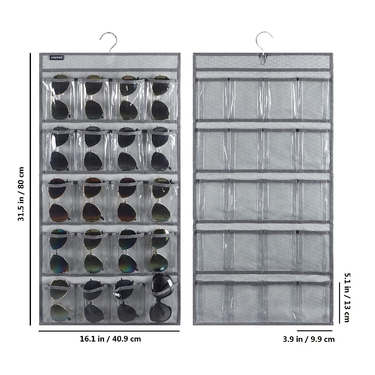 ANZORG Dual Sided Hanging Sunglasses Organizer Storage Wall Mounted Eyeglasses Holder Eyewear Display Case with 40 Clear Slots (40 Pockets-Grey) ANZORG