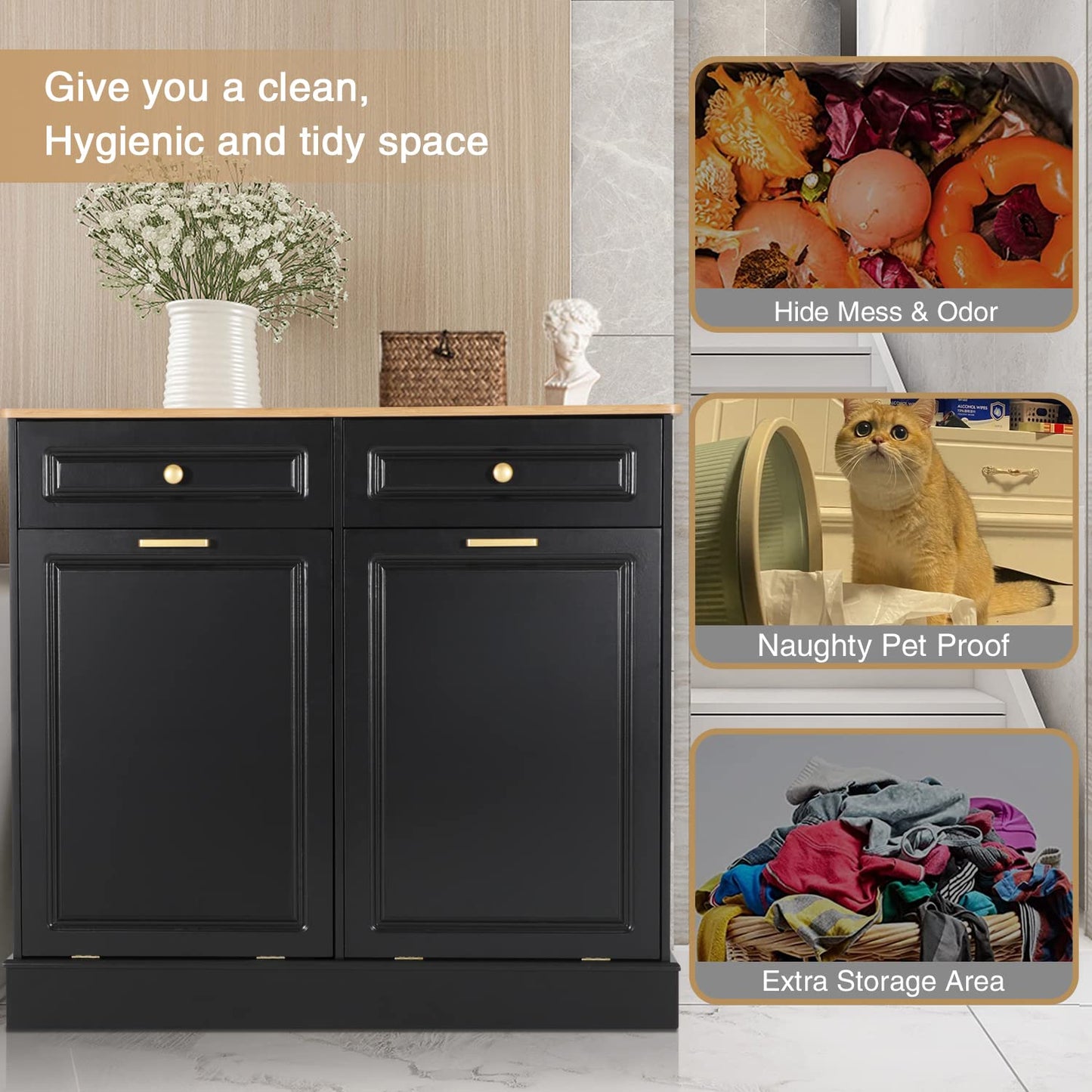 Anbuy Dual Tilt Out Cabinet with Two Wood Hideaway Trash Drawers, Free Standing Recycling Double Can Holder for Kitchen(Black) - WoodArtSupply