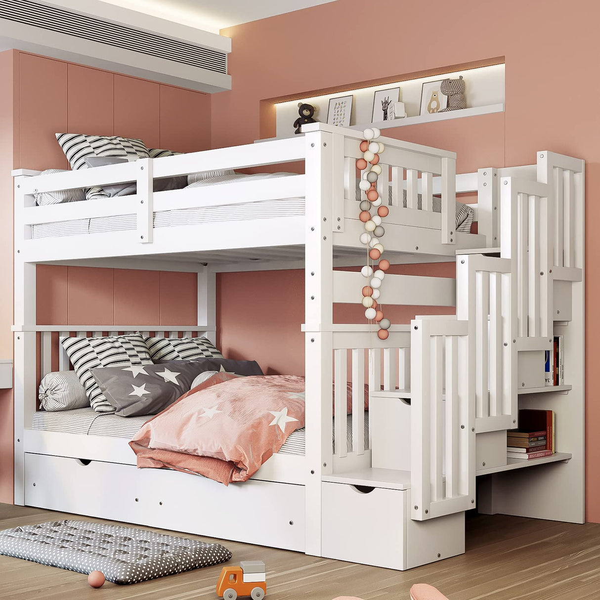 MERITLINE Full Over Full Bunk Bed with Stairs and 6 Storage Drawers, Solid Wood Bunk Bed with Storage Drawers, for Kids Teens Adults (White) MERITLINE