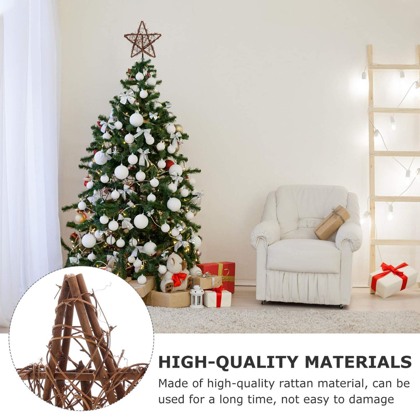 Toddmomy Rustic Christmas Tree Topper Star Rattan Natural Star Christmas Treetop Decoration Hollowed-Out Star Ornaments with Coil Base for Holiday Home Office