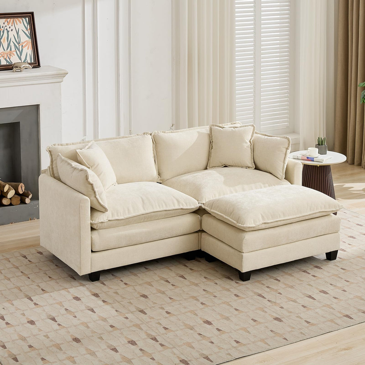 76.7" Oversized Beige Loveseat Sofa, Ivory Off-White 2 Seater Large Sectional Couches for Living Room, Chenille Fabric Modular Sectional Sofa with 1 Ottoman, Modern Sofas Set, Love Seat Couches ODUSE-DAILY