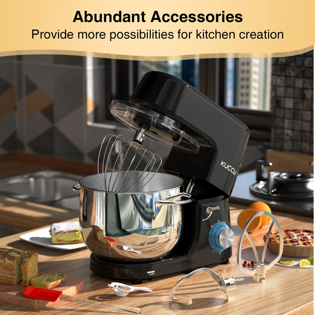 KUCCU Stand Mixer, 9.5 Qt 660W, 6-Speed Tilt-Head Food Dough Mixer, Electric Kitchen Mixer with Dough Hook, Flat Beater & Wire Whisk, Mixing Bowl (9.5-QT, Black) KUCCU