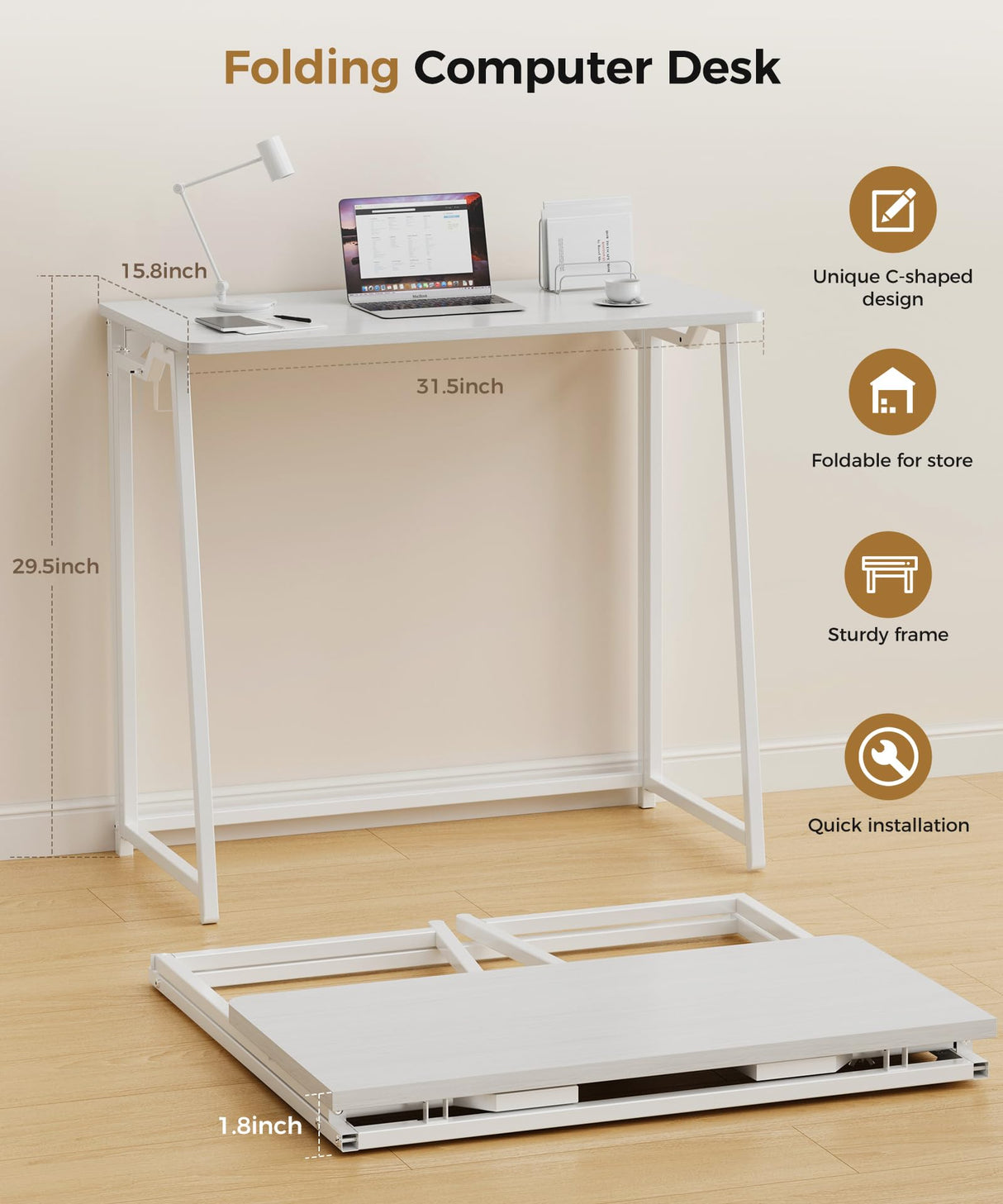 POLWKZU Folding Desk Small Foldable Desk for Small Space, 31.5 Inches Writing Computer Desk in Study, Home Office Foldable Office Desk for Bedroom, White POLWKZU