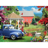 Bits and Pieces - 500 Piece Jigsaw Puzzle for Adults 18" x 24" - A Simple Time - 500 pc Spring Farm Butterfly Flower Swan Pond Horse Car Jigsaw by Artist Alan Giana Bits and Pieces