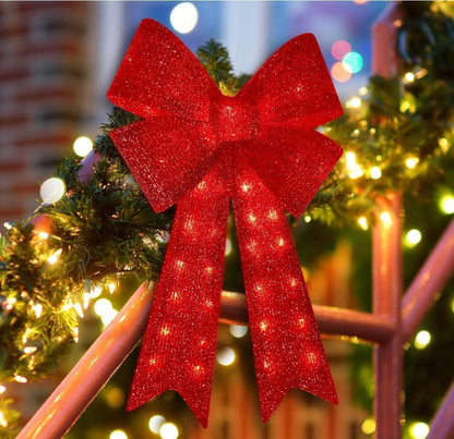 LAMPHOME Christmas Glitter Red Bow，Lighted Large Christmas Bows Wreath Decoration,Christmas Tree Topper Decorative Bow for Indoor Outdoor Christmas Parties Decorations (32IN 72LED)