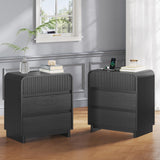 Fluted Nightstands Set of 2 with Charging Station, Black Night Stand with 3 Drawers Dresser, Bedside Table Curved Anti-Collision Design, Modern End Table for Bedroom AOGLLATI