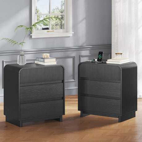 Fluted Nightstands Set of 2 with Charging Station, Black Night Stand with 3 Drawers Dresser, Bedside Table Curved Anti-Collision Design, Modern End Table for Bedroom AOGLLATI