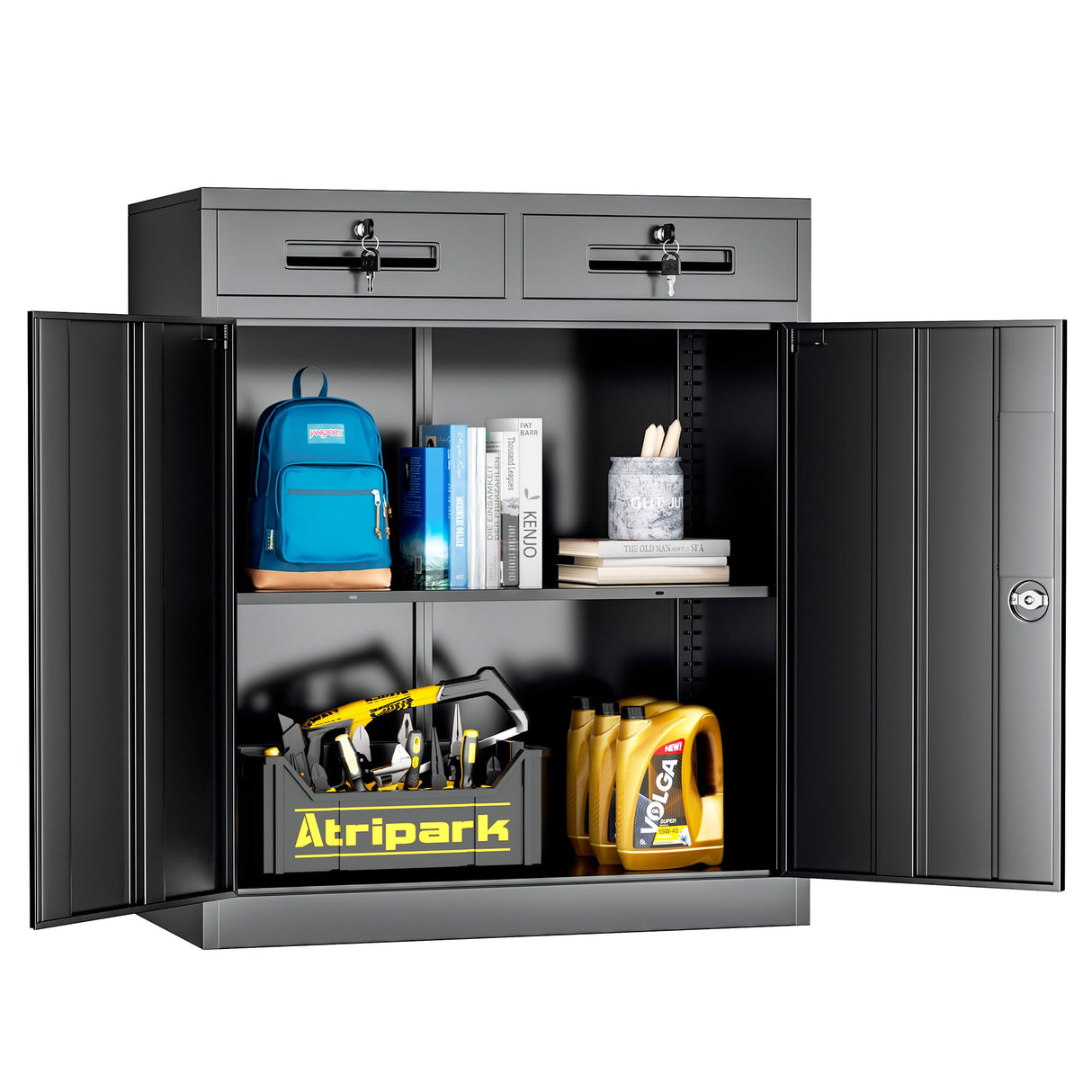 Superday 36" Locking Metal Storage Cabinet with 2 Drawers, Lockable Garage Storage Cabinet with Locking Doors and Adjustable Shelves, Black Tool Cabinet for Home Office, School, Etc Superday