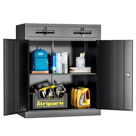 Superday 36" Locking Metal Storage Cabinet with 2 Drawers, Lockable Garage Storage Cabinet with Locking Doors and Adjustable Shelves, Black Tool Cabinet for Home Office, School, Etc - WoodArtSupply