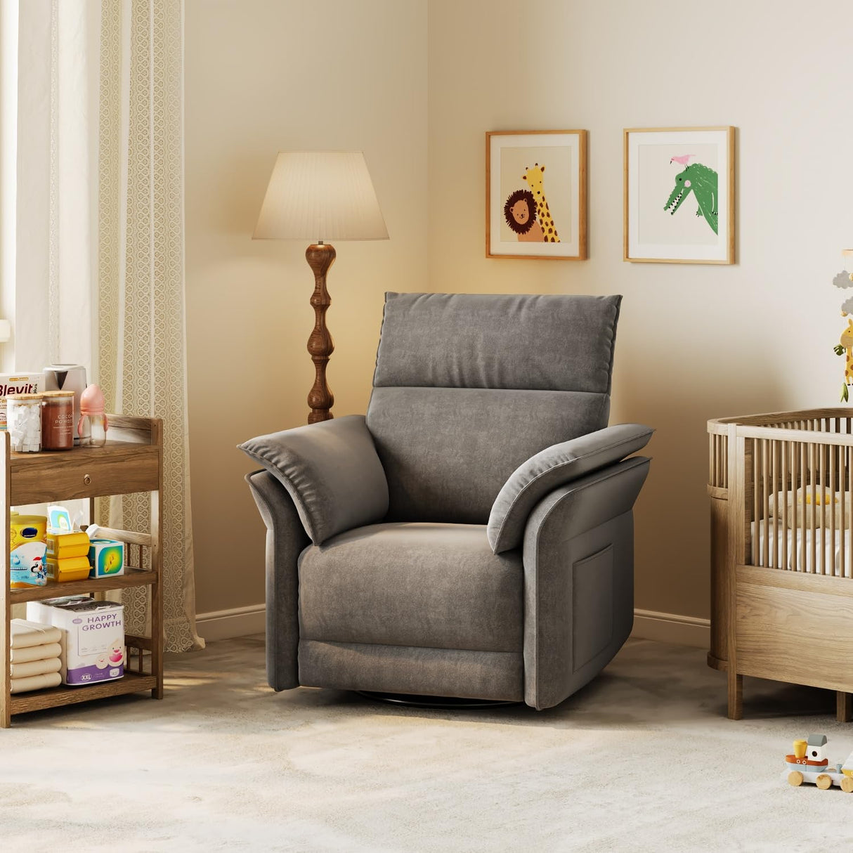 GAOMON Power Recliner Chair Swivel Glider Faux Leather Upholstered Nursery Rocker Reclining Sofa Chair with Charging Port, Curved Armrests & Padded Backrest for Living Room and Bedroom (Dark Gray) GAOMON