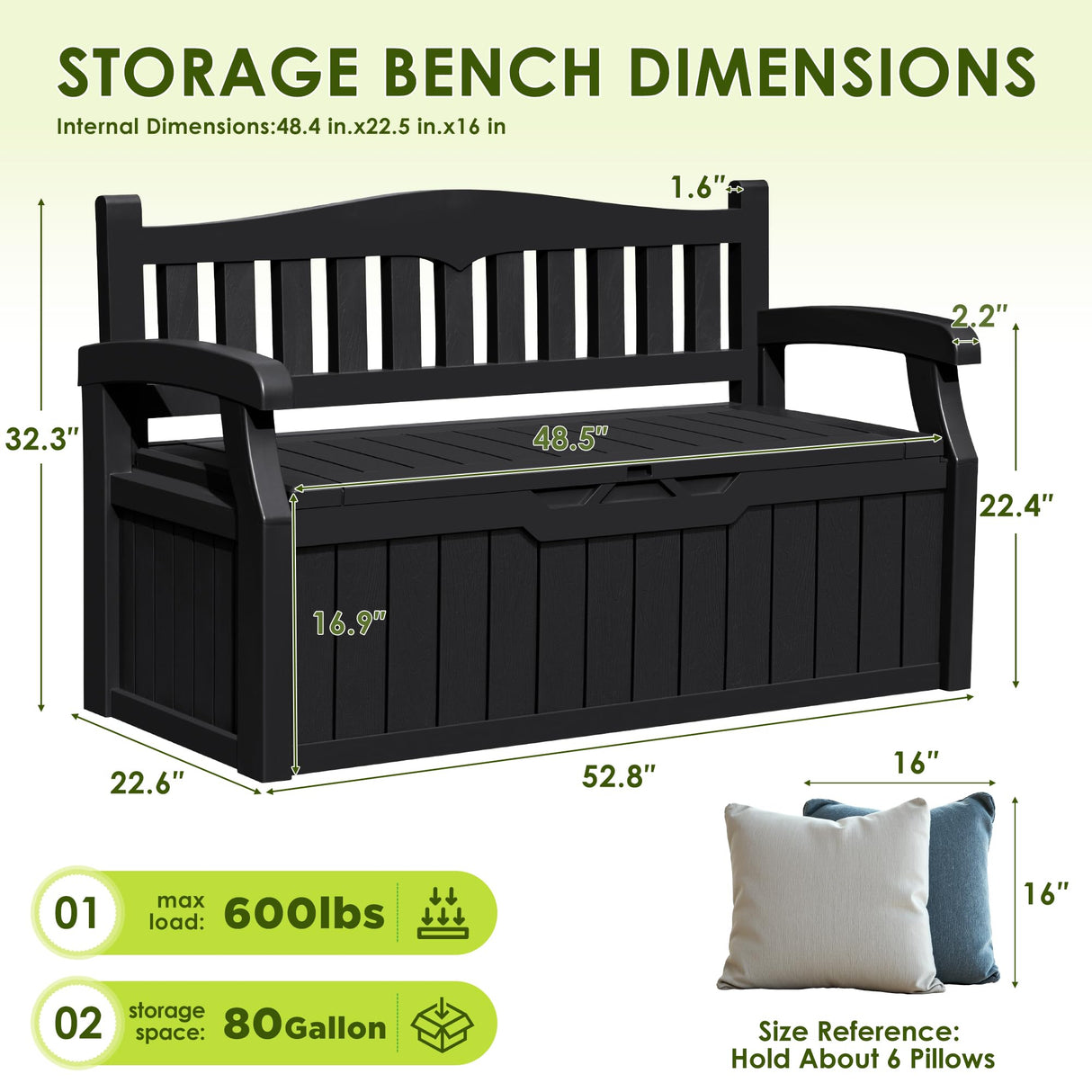 Greesum 80 Gallon Outdoor Storage Bench, Resin Patio Furniture with Armrest,Waterproof and UV-Resistant, Perfect to Garden, Poolside and Lawn, Dark Black Greesum