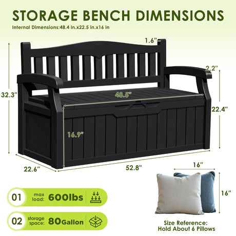 Greesum 80 Gallon Outdoor Storage Bench, Resin Patio Furniture with Armrest,Waterproof and UV-Resistant, Perfect to Garden, Poolside and Lawn, Dark Black Greesum