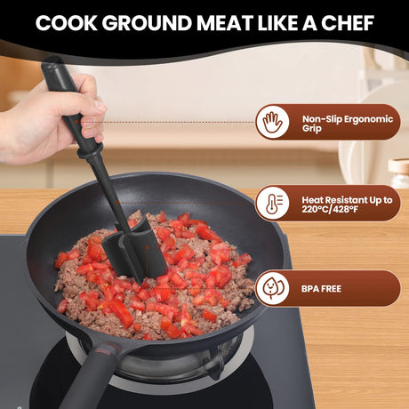 CUNSENR Premium Meat Chopper for Ground Beef - Heat Resistant Meat Masher - Kitchen Tools & Gadgets - Durable Ground Beef Smasher - Non Stick Hamburger Chopper - Cook Ground Meat with Ease(Black) CUNSENR