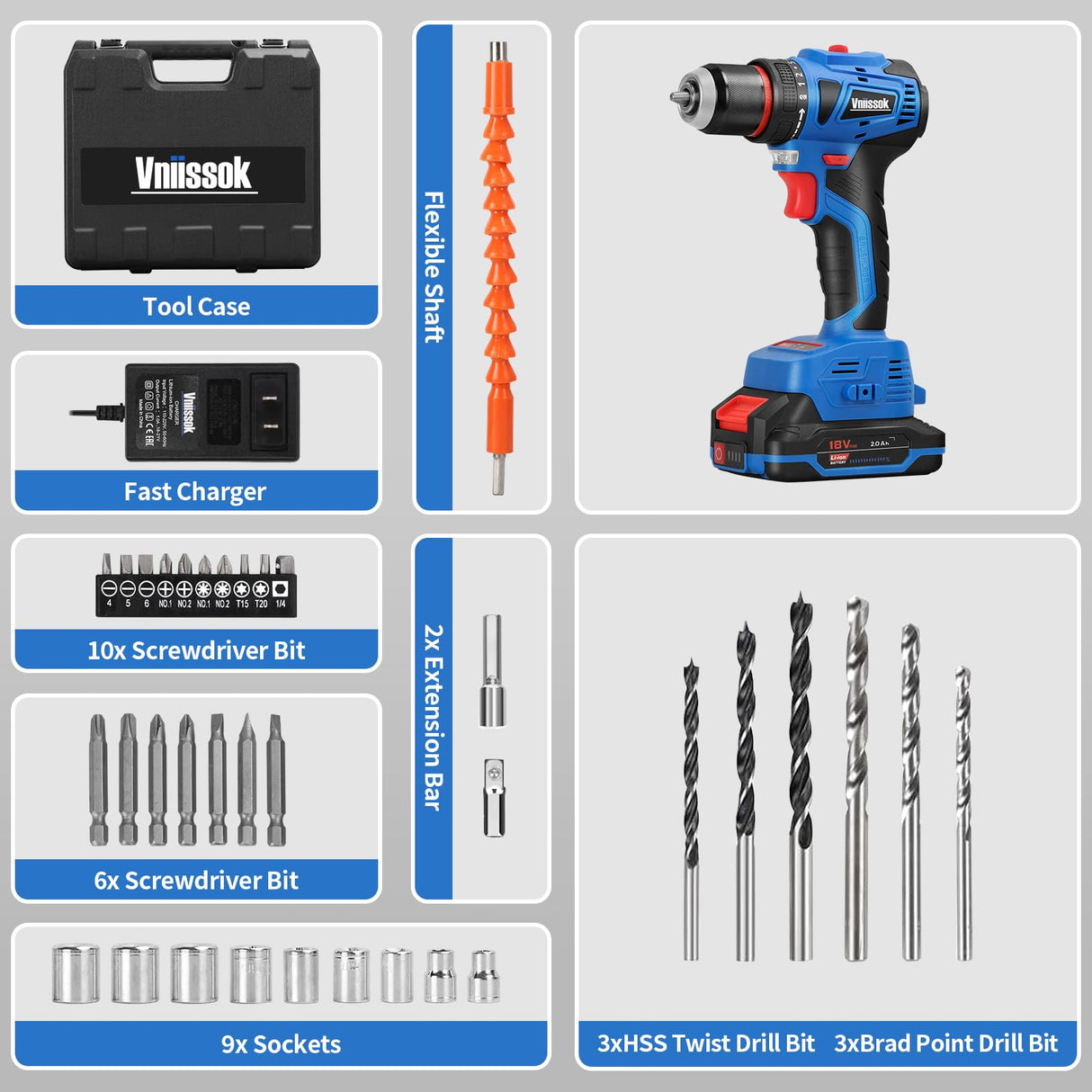 Vniissok Cordless Drill Set,18V Brushless Power Drill Kit with Battery and Charger, 3/8" Keyless Chuck, Variable Speed, Drill Driver Bits Kit for Drilling and Tightening/Loosening Screws Vniissok