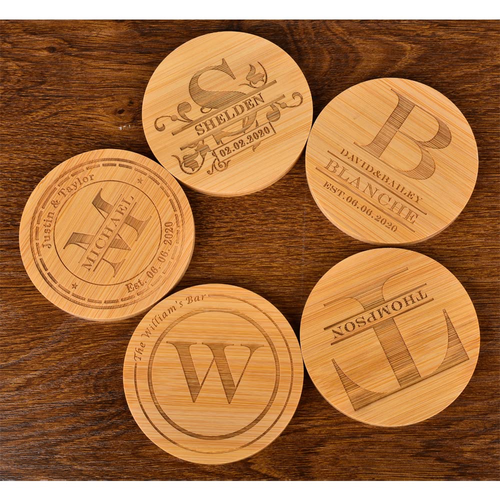 Personalized Coasters, Custom Engraved Coasters, Bamboo Coasters for Drinks, Monogram Coasters with Holder, Great Gifts for Relatives, Friends or Yourself (M, Set of 4) - WoodArtSupply