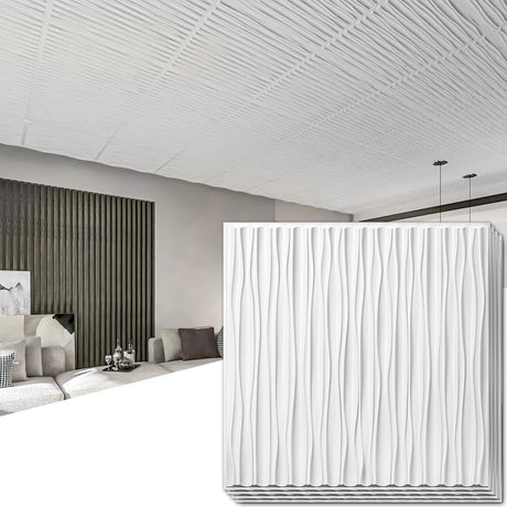 Art3dwallpanels Ceiling Tiles 24 x 24 for Interior Wall Décor, 12 Pack Drop Ceiling Tile 3D Wall Panel Fire Rated Waterproof Premium PVC, No Sag and Breakage Wall Panels Cover 48.Sq.Ft. White Art3dwallpanels