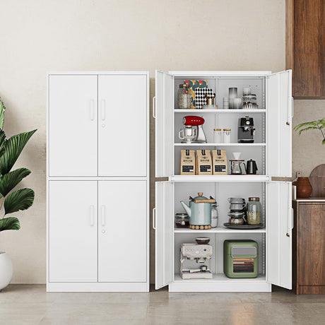 Fesbos White Pantry Cabinet and Organizers - 71”H Kitchen Metal Storage Cabinet with 4 Doors and 3 Adjustable Shelves for Kitchen, Living Room and Dinning Room Fesbos