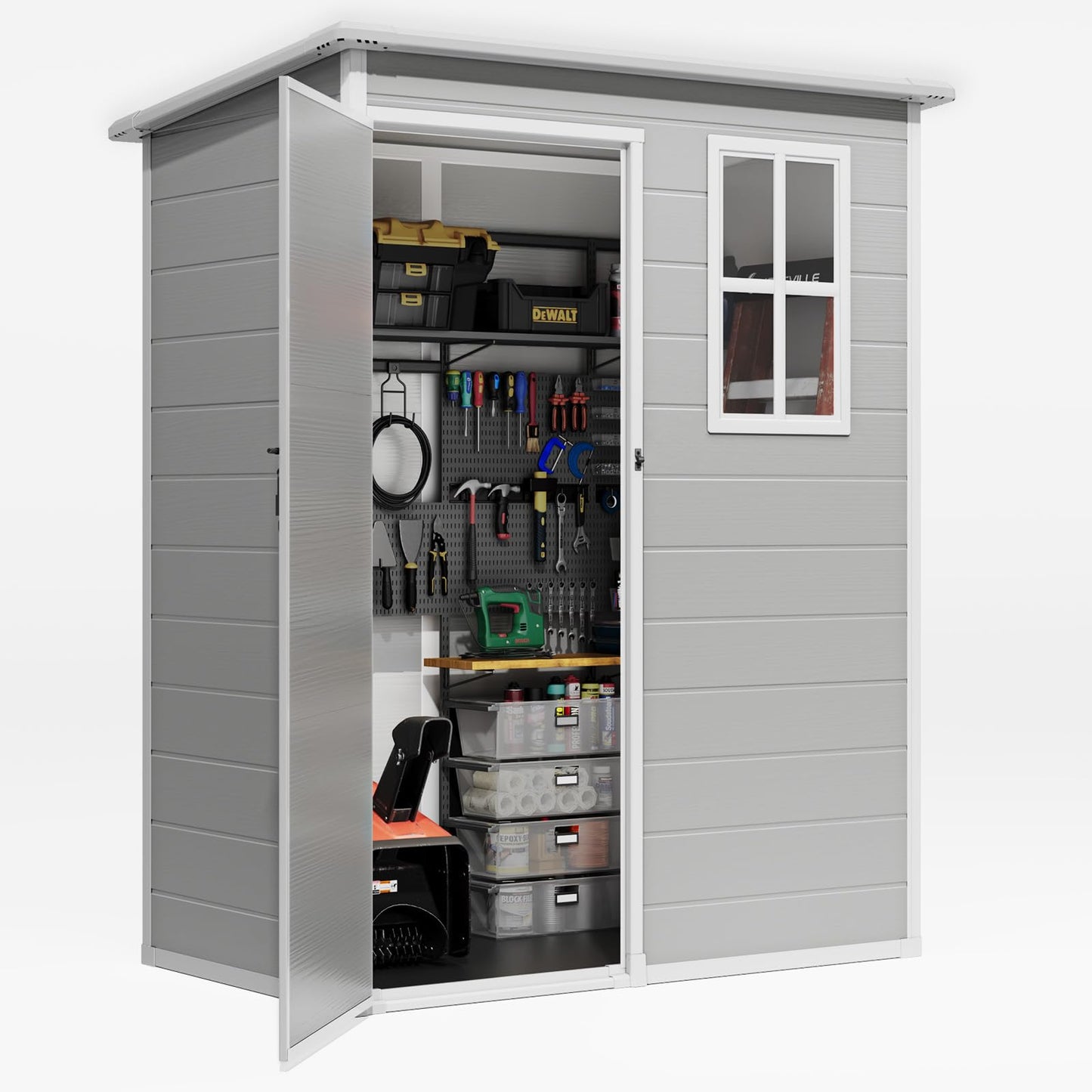 Gizoon Outdoor Resin Storage Shed 5x3 FT, Plastic Garden Shed with Floor for Tool, Garbage Can, Bike, Outside Sheds & Outdoor Resin Shed with Lockable Door for Patio, Lawn, Backyard, Grey & W - WoodArtSupply