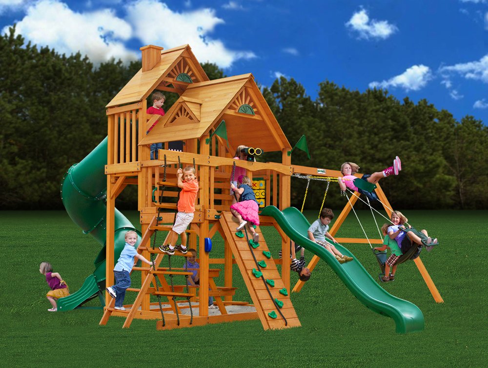 Gorilla Playsets 01-0030-AP Great Skye I Wood Swing Set with Wood Roof, Tube Slide, and Upper Level, Amber