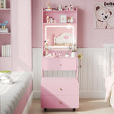 Vabches Small Vanity Desk Set with 3 Adjustable Lighted Mirror and Storage Chair, Vanity Set with Charger Station, Small Spaces Vanity Table for Bedroom，Pink Vabches
