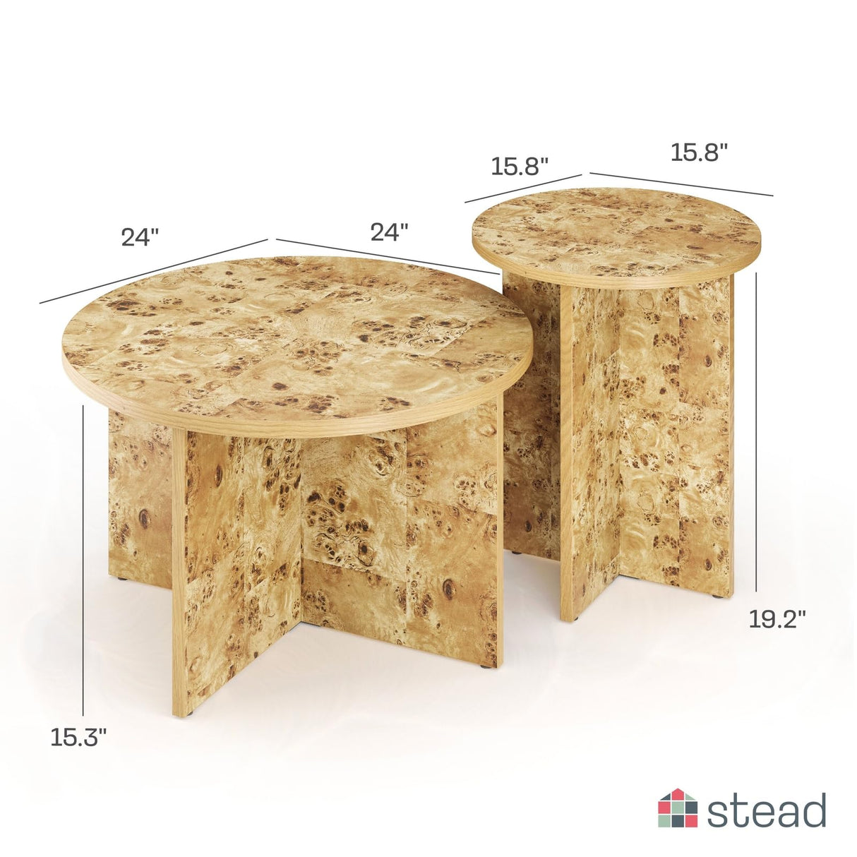 Burl Wood Round Nesting Coffee Tables - Modern Living Room Furniture - Organic Modern Drink Desk - Stylish Home Decor - 2 Piece Tables Set - Burl Top and Base Stead